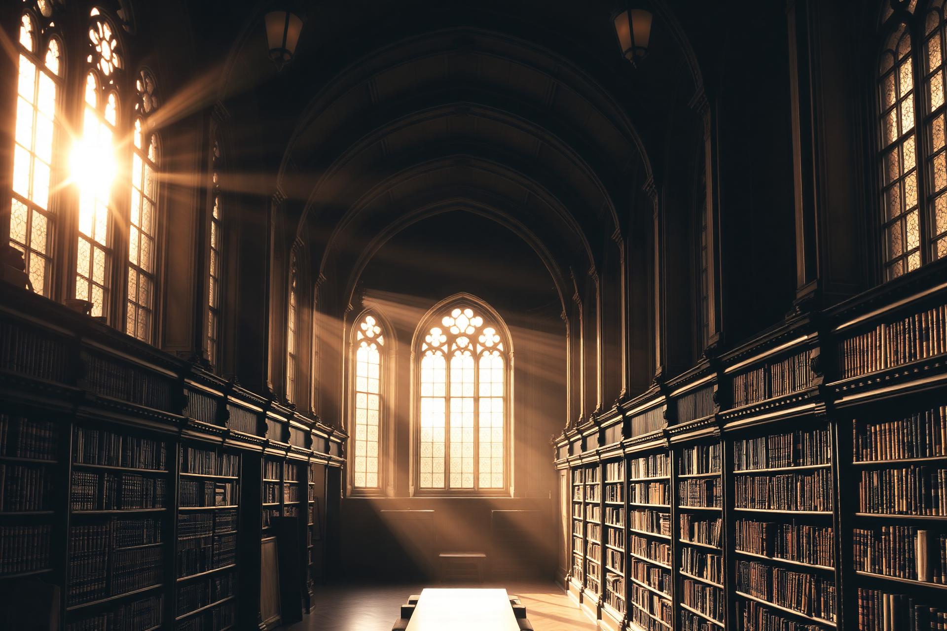 Historic university library illuminated by warm sunlight
